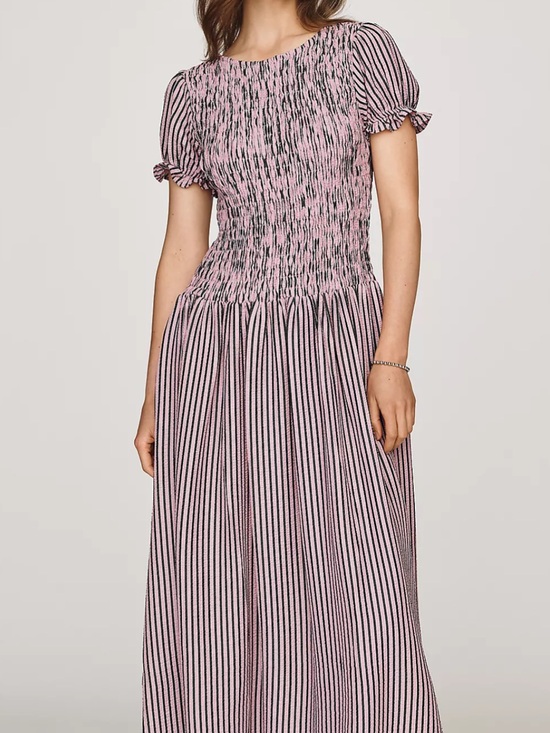 Maeve Dresses & Skirts - Anthropologie Maeve Margie Smocked Stripe Midi Dress, Pink & Charcoal, XL, NWT